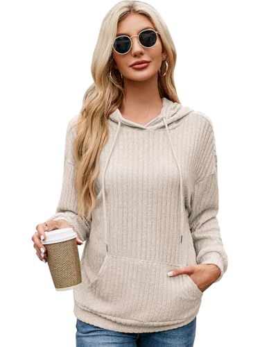 EDOTON Damen Langarm Pullover Taschen Kapuzenpullover Casual Streifen Sweatshirt Einfarbig Kordelzug Hoodie (Beige, L) von EDOTON
