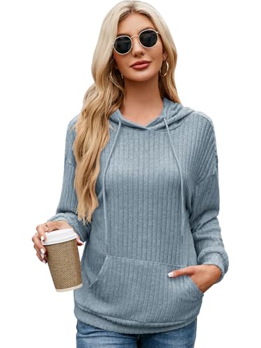 EDOTON Damen Langarm Pullover Taschen Kapuzenpullover Casual Streifen Sweatshirt Einfarbig Kordelzug Hoodie (Blau, S) von EDOTON