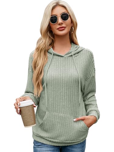 EDOTON Damen Langarm Pullover Taschen Kapuzenpullover Casual Streifen Sweatshirt Einfarbig Kordelzug Hoodie (Grün, XL) von EDOTON