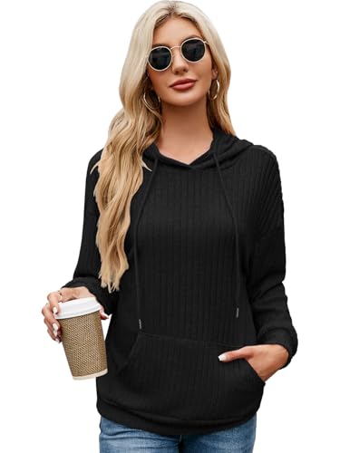 EDOTON Damen Langarm Pullover Taschen Kapuzenpullover Casual Streifen Sweatshirt Einfarbig Kordelzug Hoodie (Schwarz, M) von EDOTON