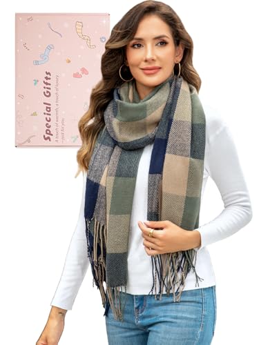 EDOTON Damen Schal Kariert Warm Kuschelig Halstuch mit Fransen Weich Winterschal Modisch Schals (Blaugrau kariert) von EDOTON