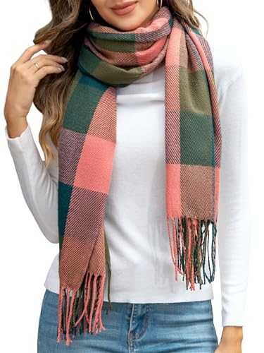EDOTON Damen Schal Kariert Warm Kuschelig Halstuch mit Fransen Weich Winterschal Modisch Schals (Dunkelgrün rosa kariert) von EDOTON