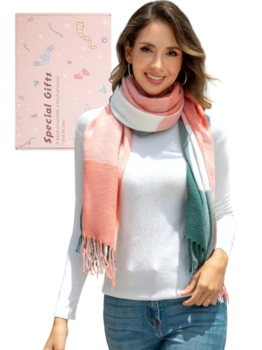 EDOTON Damen Schal Kariert Warm Kuschelig Halstuch mit Fransen Weich Winterschal Modisch Schals (Rosa und grün kariert) von EDOTON