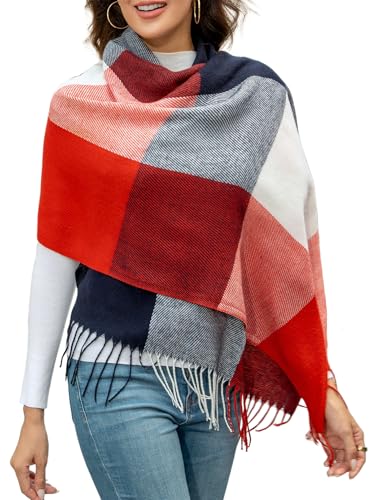 EDOTON Damen Schal Kariert Warm Kuschelig Halstuch mit Fransen Weich Winterschal Modisch Schals (Rotes und blaues kariert) von EDOTON