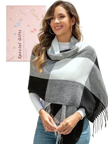 EDOTON Damen Schal Kariert Warm Kuschelig Halstuch mit Fransen Weich Winterschal Modisch Schals (Schwarz-weißes kariert) von EDOTON