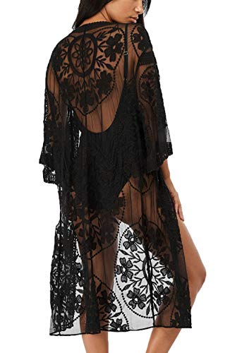 EDOTON Damen Sehen Durch Spitze Cardigan Blumen Crochet Vorne Strickjacke Sommer Strand Lange Cover Up Strandkleider Sexy Kimono Maxi Kleid (Schwarz) von EDOTON