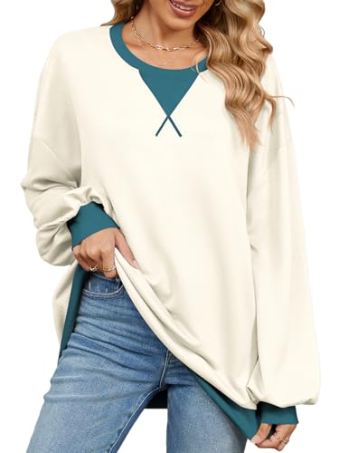 EDOTON Damen Sweatshirt Ovewrsized Einfarbig Langarmshirts Gestreift Farbblock Oberteile Y2K Rundhals Lässig Tops (A Cremefarben,M) von EDOTON