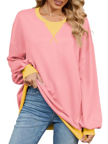 EDOTON Damen Sweatshirt Ovewrsized Einfarbig Langarmshirts Gestreift Farbblock Oberteile Y2K Rundhals Lässig Tops (A Rosa,L) von EDOTON