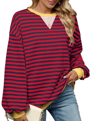 EDOTON Damen Sweatshirt Ovewrsized Einfarbig Langarmshirts Gestreift Farbblock Oberteile Y2K Rundhals Lässig Tops (B Blau Rot,M) von EDOTON
