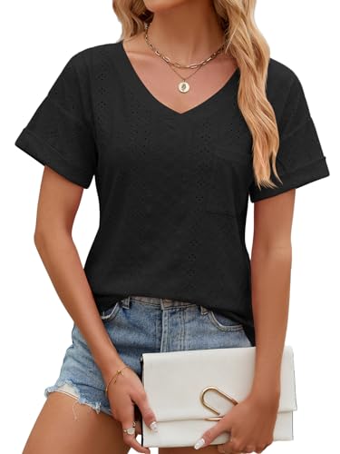 EDOTON Damen Tshirt Kurzarm Bluse V Ausschnitt Bluse Langarm Tops Herbst Winter Casual Solide Tunika Damen (M,X schwarz) von EDOTON