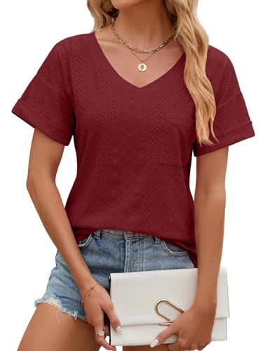 EDOTON Damen Tshirt Kurzarm Bluse V Ausschnitt Bluse Langarm Tops Herbst Winter Casual Solide Tunika Damen (XL,X Weinrot) von EDOTON