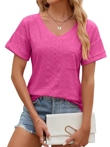 EDOTON Damen Tshirt Kurzarm Bluse V Ausschnitt Bluse Langarm Tops Herbst Winter Casual Solide Tunika Damen (XXL,X Barbie rosa) von EDOTON