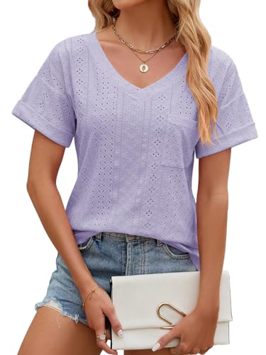 EDOTON Damen Tshirt Kurzarm Bluse V Ausschnitt Bluse Langarm Tops Herbst Winter Casual Solide Tunika Damen (XXL,X Lila) von EDOTON