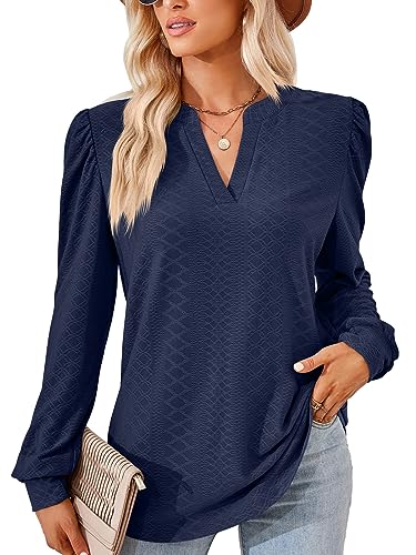 EDOTON Damen Tshirt Langarmshirts V Ausschnitt Bluse Langarm Tops Herbst Winter Casual Solide Tunika Damen (L,Z Langarm Marineblau) von EDOTON
