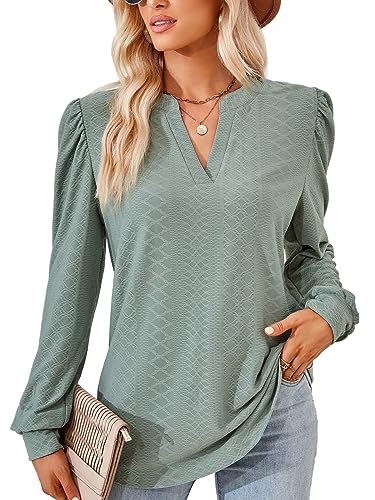 EDOTON Damen Tshirt Langarmshirts V Ausschnitt Bluse Langarm Tops Herbst Winter Casual Solide Tunika Damen (S,Z Langarm dunkelgrün) von EDOTON