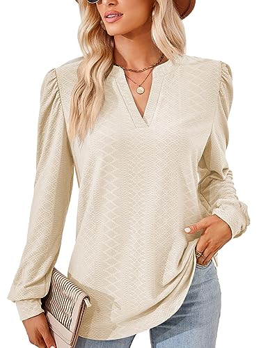 EDOTON Damen Tshirt Langarmshirts V Ausschnitt Bluse Langarm Tops Herbst Winter Casual Solide Tunika Damen (XL,Z Langarm Aprikose Farbe) von EDOTON
