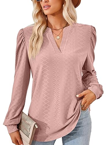 EDOTON Damen Tshirt Langarmshirts V Ausschnitt Bluse Langarm Tops Herbst Winter Casual Solide Tunika Damen (XL,Z Langarm Leder rosa) von EDOTON