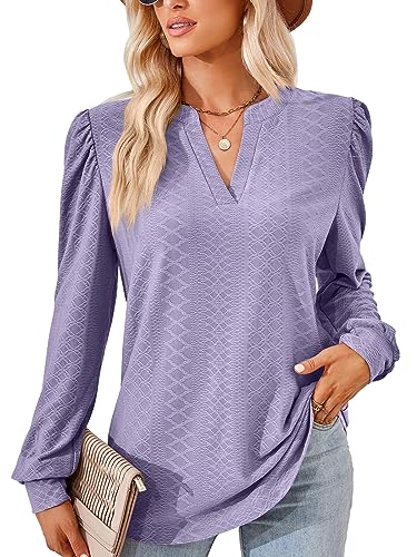 EDOTON Damen Tshirt Langarmshirts V Ausschnitt Bluse Langarm Tops Herbst Winter Casual Solide Tunika Damen (XL,Z Langarm lila) von EDOTON