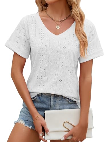 EDOTON Damen Tshirt Kurzarm Bluse V Ausschnitt Bluse Langarm Tops Herbst Winter Casual Solide Tunika Damen (XXL,X weiß) von EDOTON