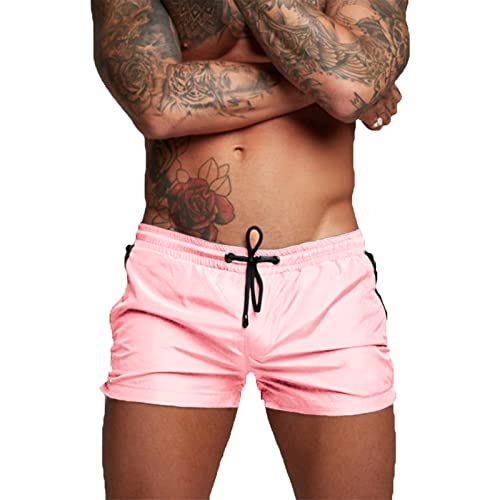 EDOTON Herren Badehose Jungen Bademode Sexy Badeshorts für Männer Schwimmhose mit Reißverschlusstasche Trainingsshorts Elastisch Verstellbar Mit Tunnelzug Badeshorts (EU L, A - Rosa) von EDOTON