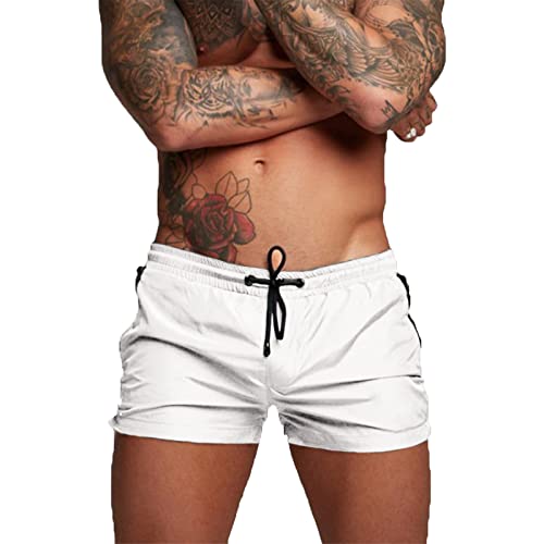 EDOTON Herren Badehose Jungen Bademode Sexy Badeshorts für Männer Schwimmhose mit Reißverschlusstasche Trainingsshorts Elastisch Verstellbar Mit Tunnelzug Badeshorts (EU L, A - Weiß) von EDOTON