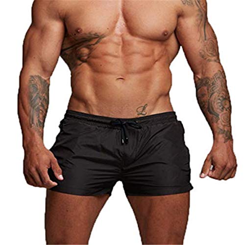 EDOTON Herren Badehose Jungen Bademode Sexy Badeshorts für Männer Schwimmhose mit Reißverschlusstasche Trainingsshorts Elastisch Verstellbar Mit Tunnelzug Badeshorts (EU L/Tag XL, A - Schwarz) von EDOTON