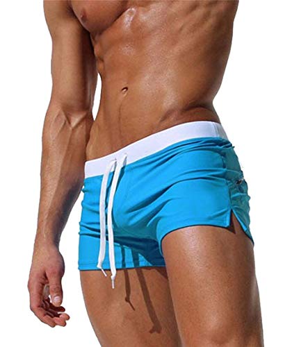 EDOTON Herren Badehose Jungen Bademode Sexy Badeshorts für Männer Schwimmhose mit Reißverschlusstasche Trainingsshorts Elastisch Verstellbar Mit Tunnelzug Badeshorts (EU M/Tag L, Blau) von EDOTON