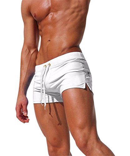 EDOTON Herren Badehose Jungen Bademode Sexy Badeshorts für Männer Schwimmhose mit Reißverschlusstasche Trainingsshorts Elastisch Verstellbar Mit Tunnelzug Badeshorts (EU M/Tag L, Weiß) von EDOTON