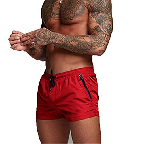 EDOTON Herren Badehose Jungen Bademode Sexy Badeshorts für Männer Schwimmhose mit Reißverschlusstasche Trainingsshorts Elastisch Verstellbar Mit Tunnelzug Badeshorts (EU S/Tag M, A - D_Rot) von EDOTON