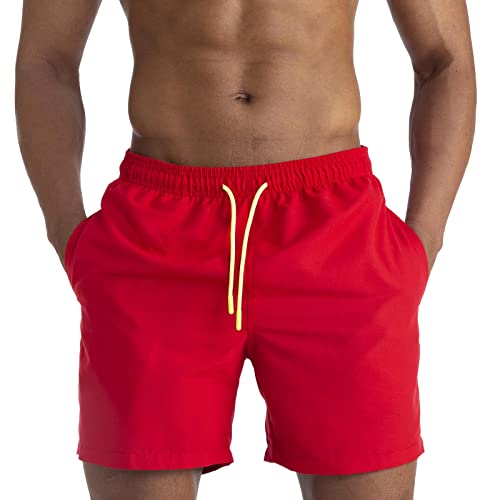 EDOTON Herren Badeshorts, schnelltrocknend wasserdicht Herren Badeshorts mit Taschen Schwimmen/Surfen/Freizeit (2XL, Rot) von EDOTON