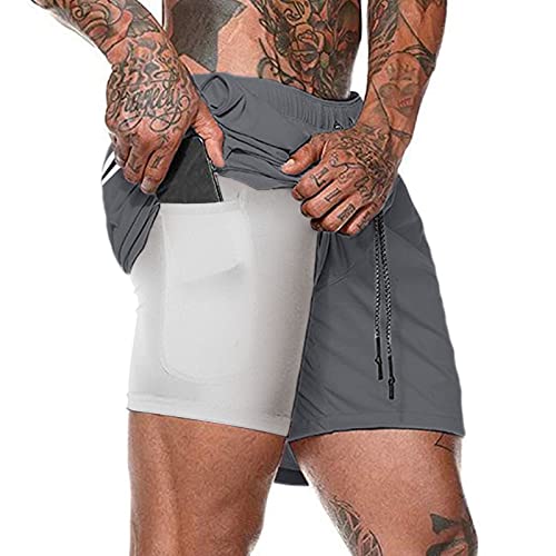 EDOTON Herren Laufhose Kurz - 2 in 1 Schnelltrocknende Atmungsaktiv Kompressionsshorts Fitness Sporthose mit Tasche & Kordelzug, Aktiv Laufshorts Übung Trainingsshort (B Dunkelgrau, M) von EDOTON