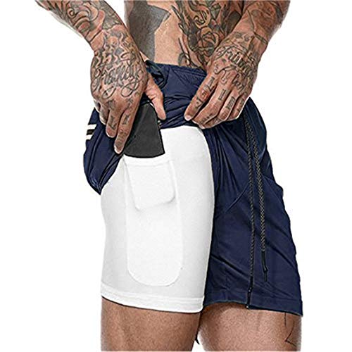 EDOTON Herren Laufhose Kurz - 2 in 1 Schnelltrocknende Atmungsaktiv Kompressionsshorts Fitness Sporthose mit Tasche & Kordelzug, Aktiv Laufshorts Übung Trainingsshort (B Marine, L) von EDOTON