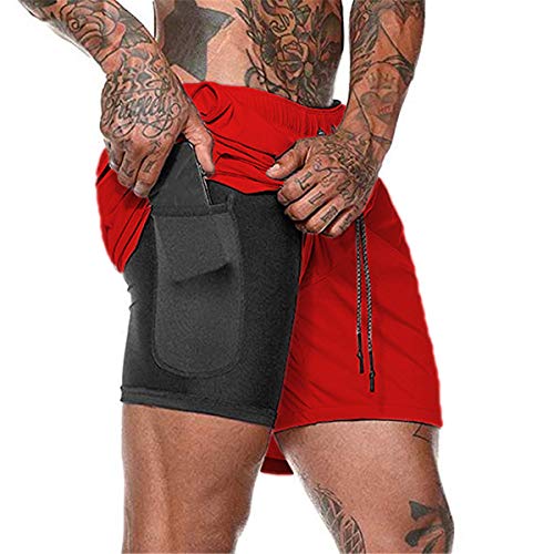 EDOTON Herren Laufhose Kurz - 2 in 1 Schnelltrocknende Atmungsaktiv Kompressionsshorts Fitness Sporthose mit Tasche & Kordelzug, Aktiv Laufshorts Übung Trainingsshort (B Rot, M) von EDOTON