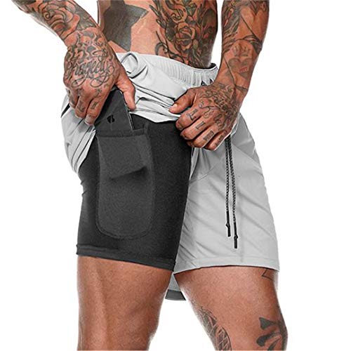 EDOTON Herren Laufhose Kurz - 2 in 1 Schnelltrocknende Atmungsaktiv Kompressionsshorts Fitness Sporthose mit Tasche & Kordelzug, Aktiv Laufshorts Übung Trainingsshort (B Silber, L) von EDOTON