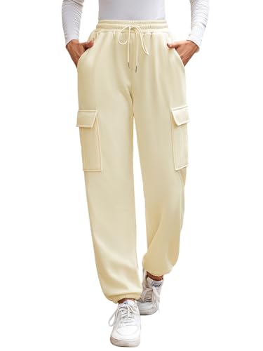 EDOTON Jogginghose Damen Mit Hoher Taille Sporthose Bequeme Hose Elastischer Bund Sweatpants Mit Taschen Relaxhose (Apricot, M) von EDOTON