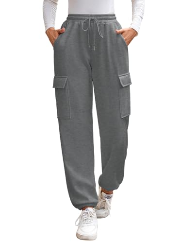 EDOTON Jogginghose Damen Mit Hoher Taille Sporthose Bequeme Hose Elastischer Bund Sweatpants Mit Taschen Relaxhose (Dunkelgrau, M) von EDOTON