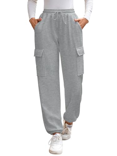 EDOTON Jogginghose Damen Mit Hoher Taille Sporthose Bequeme Hose Elastischer Bund Sweatpants Mit Taschen Relaxhose (Hellgrau, M) von EDOTON