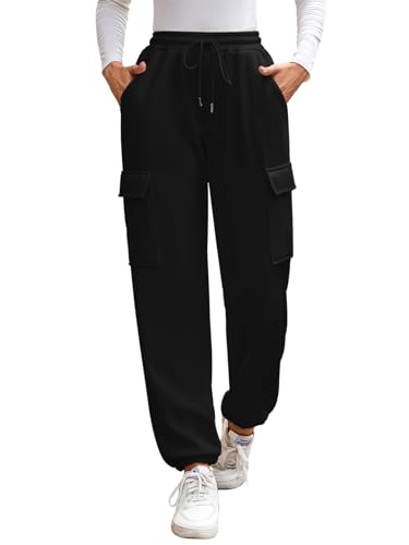 EDOTON Jogginghose Damen Mit Hoher Taille Sporthose Bequeme Hose Elastischer Bund Sweatpants Mit Taschen Relaxhose (Schwarz, S) von EDOTON