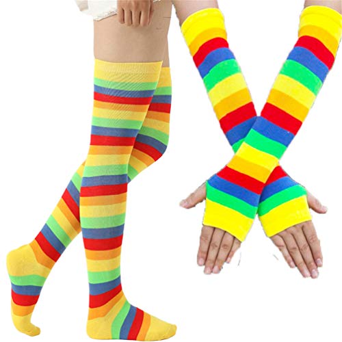 EDOTON Kniestrümpfe Regenbogen Streifen Arm Wärmer Bein Strumpf Bunte Oberschenkel Hohe Socken Fingerlose Handschuhe Hülsen-Set für Frauen Mädchen Party Stützen (Gelb) von EDOTON