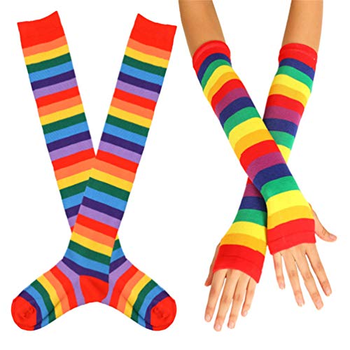 EDOTON Kniestrümpfe Regenbogen Streifen Arm Wärmer Bein Strumpf Bunte Oberschenkel Hohe Socken Fingerlose Handschuhe Hülsen-Set für Frauen Mädchen Party Stützen (Rot) von EDOTON