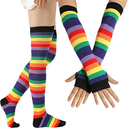 EDOTON Kniestrümpfe Regenbogen Streifen Arm Wärmer Bein Strumpf Bunte Oberschenkel Hohe Socken Fingerlose Handschuhe Hülsen-Set für Frauen Mädchen Party Stützen (Schwarz) von EDOTON