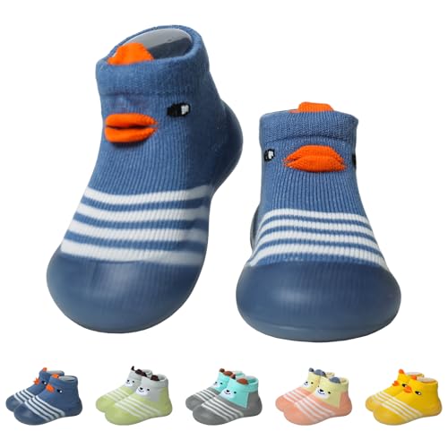 EDOTON Krabbelschuhe Baby Lauflernschuhe Kinder Sockenschuhe rutschfeste Weiche Sohle Schuhe Babybodenschuhe für Mädchen Junge (Blaue Ente,18-24 Monate,24/25) von EDOTON