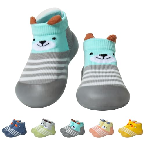 EDOTON Krabbelschuhe Baby Lauflernschuhe Kinder Sockenschuhe rutschfeste Weiche Sohle Schuhe Babybodenschuhe für Mädchen Junge (Blauer bär,12-18 Monate,22/23) von EDOTON