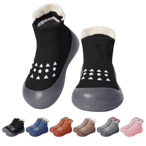 EDOTON Krabbelschuhe Baby Lauflernschuhe Kinder Sockenschuhe rutschfeste Weiche Sohle Schuhe Babybodenschuhe für Mädchen Junge (Schwarz,12-18 Monate,22/23) von EDOTON