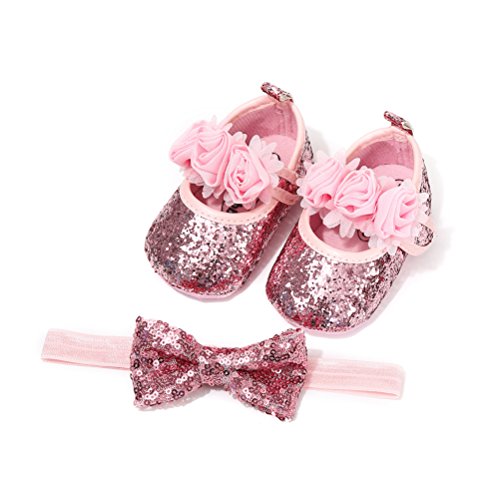 EDOTON Schuhe Haarband Set für Baby Mädchen Blume Lauflernschuhe Kleinkind Anti-Rutsch-Weiche Taufe Prinzessin Schuhe Sneaker (12-18 Monate, Rosa) von EDOTON