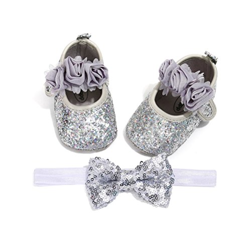 EDOTON Schuhe Haarband Set für Baby Mädchen Blume Lauflernschuhe Kleinkind Anti-Rutsch-Weiche Taufe Prinzessin Schuhe Sneaker (12-18 Monate, Silber) von EDOTON