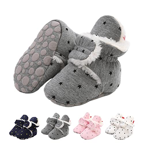 EDOTON Unisex-Baby Neugeborenes Fleece Booties, Baby Jungen Mädchen Weiche Sohlen Streifen Bootie Kleinkind Stiefel Niedlich Stiefel Socke Einstellbar,D Dunkelgrau von EDOTON