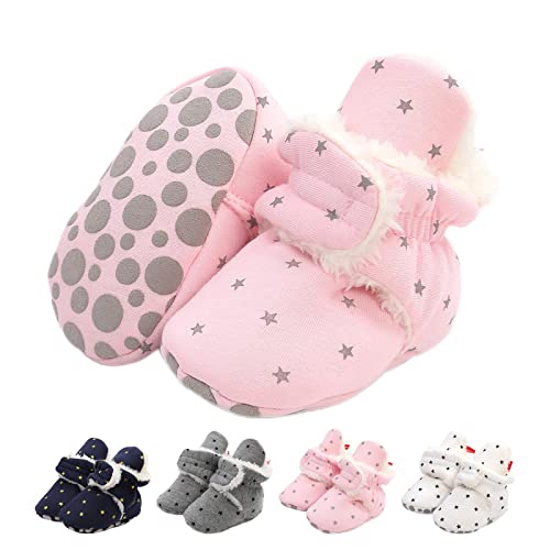 EDOTON Unisex-Baby Neugeborenes Fleece Booties, Baby Jungen Mädchen Weiche Sohlen Streifen Bootie Kleinkind Stiefel Niedlich Stiefel Socke Einstellbar,D Rosa von EDOTON