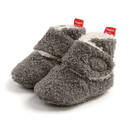 EDOTON Unisex-Baby Neugeborenes Fleece Booties, Baby Jungen Mädchen Weiche Sohlen Streifen Bootie Kleinkind Stiefel Niedlich Stiefel Socke Einstellbar,F grau von EDOTON