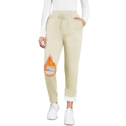 EDOTON Warme Damen Jogginghose Winter Fleece Verdickte Thermo Hosen Gefüttert mit Taschen Kordelzug Trainingshose Outdoor Freizeit Sporthose Sweatpants (A Khaki,S) von EDOTON